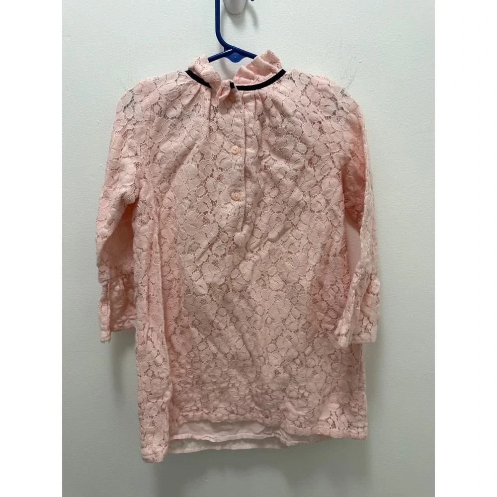 Janie and Jack Girls Pink Floral Lace Ruffle Neck Dress Navy Bow Size 6